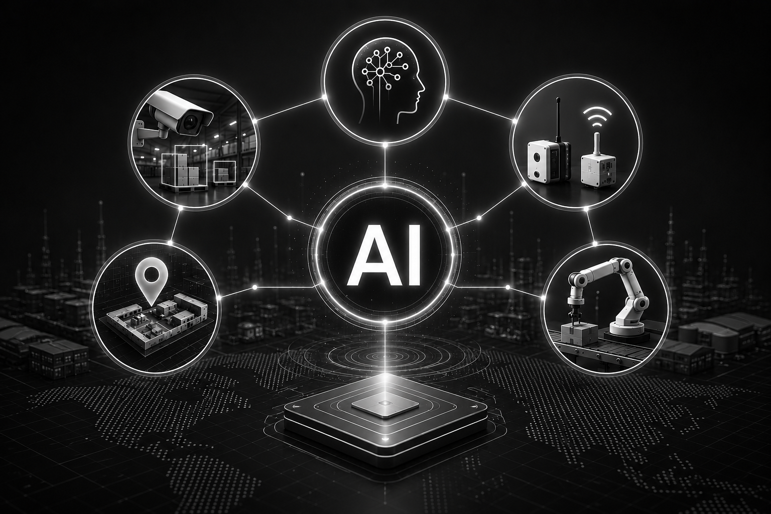 AI hub connecting neural networks, IoT, robotics, logistics, and smart surveillance